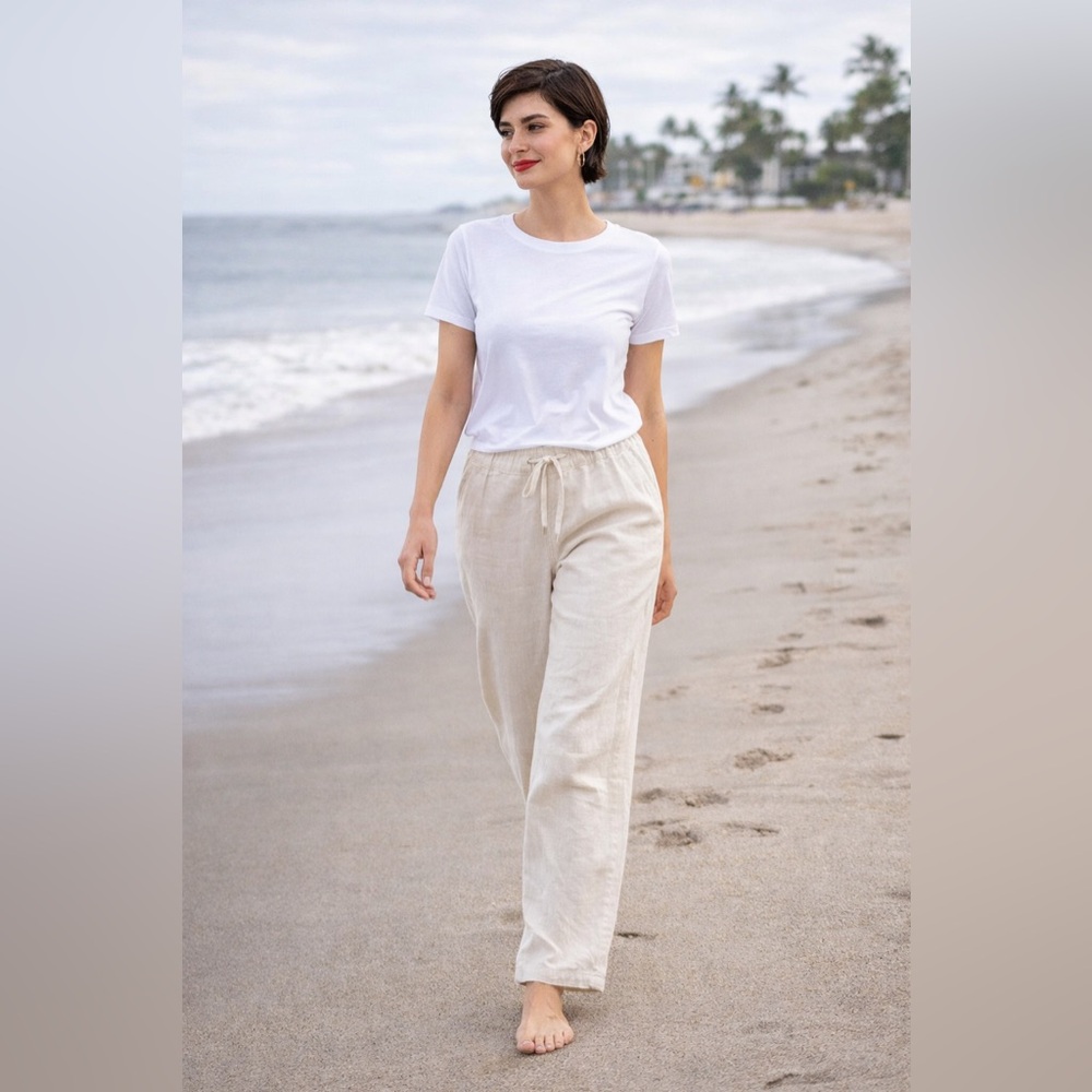 Cubavera Linen Blend Drawstring Pants Medium Beige Oatmeal Elastic Waist Resort